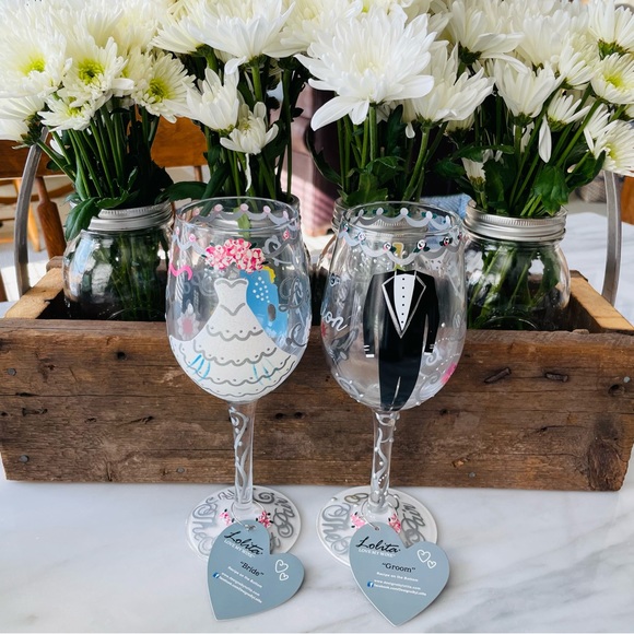 Lolita•NIB•Bride and Groom Wine Glass Set•Toasting Set•Hand Painted~Artisan Made - Picture 2 of 16
